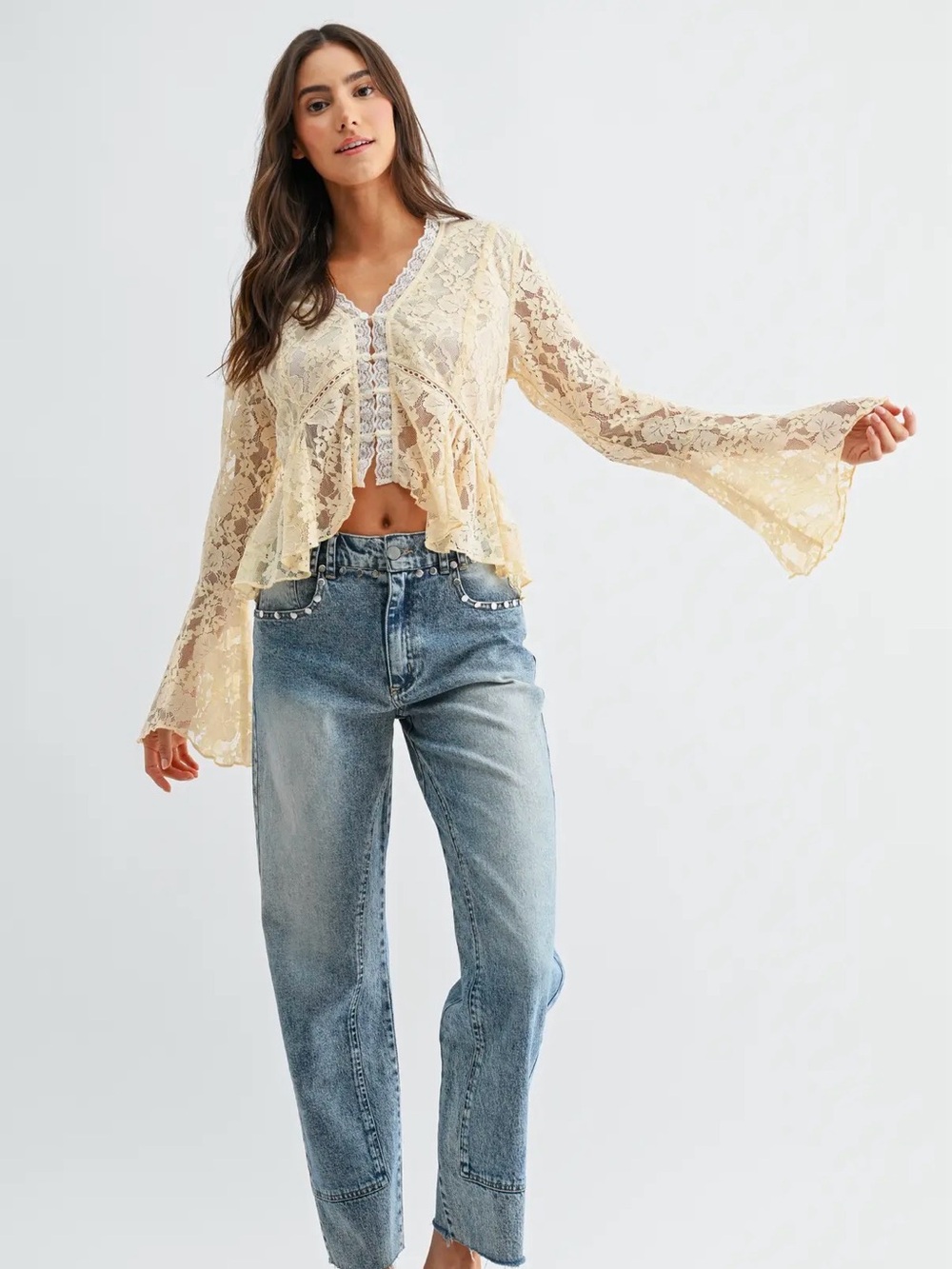 Lace Peplum Button-Front Blouse in Cream - Picture 6 of 10